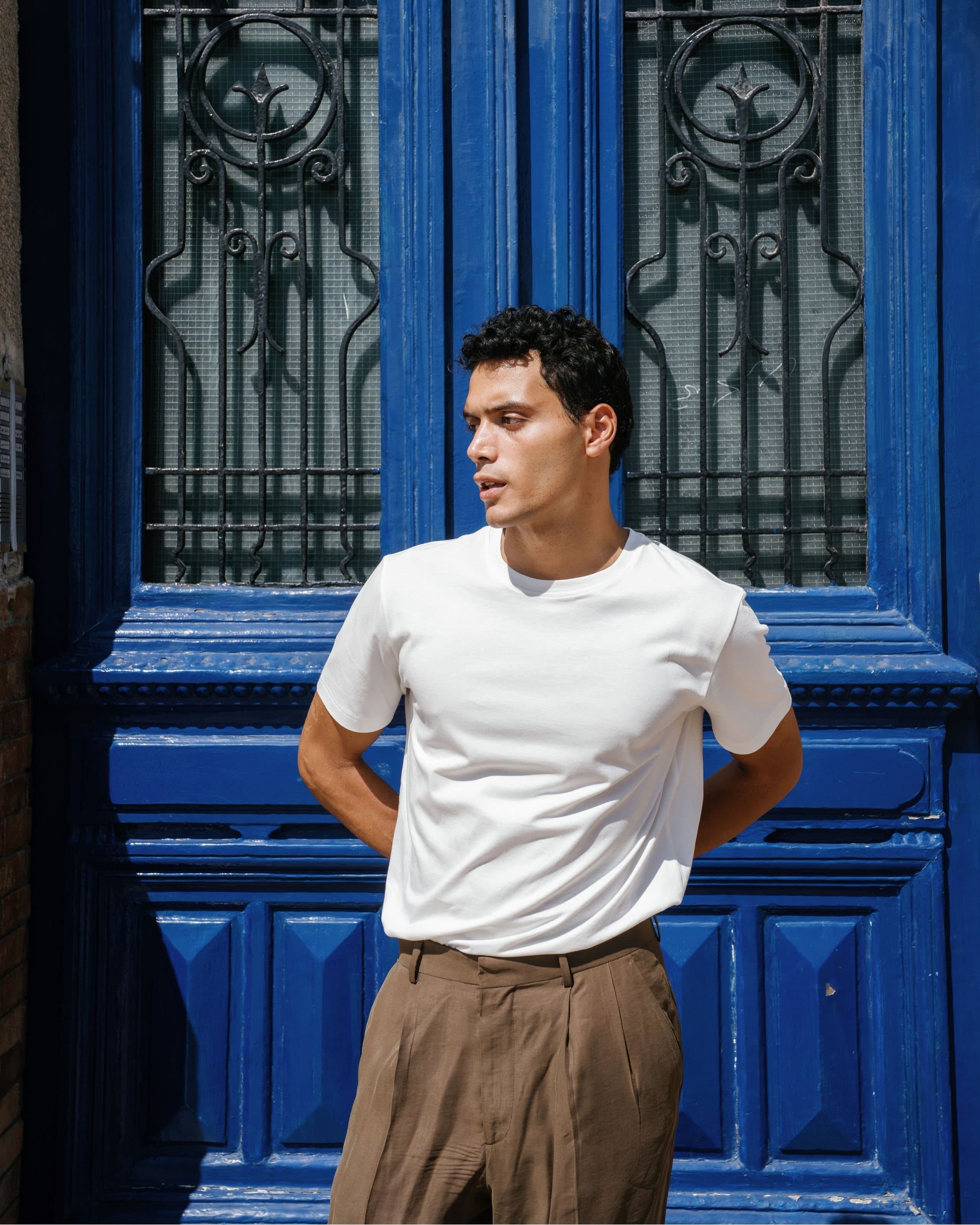 A tailored menswear look from Ash's debut collection in a neutral palette