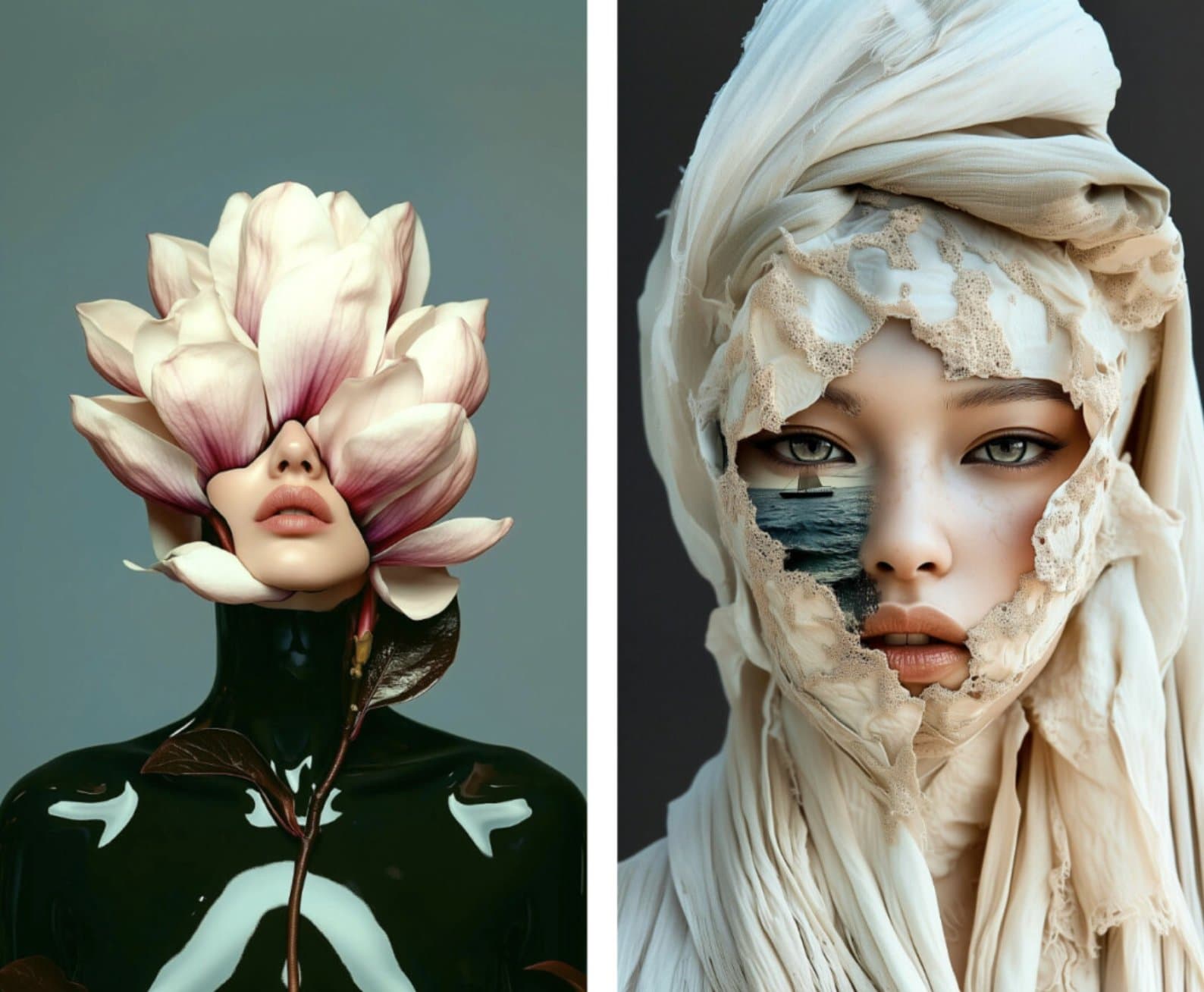 Two surreal AI-generated portraits: one of a woman's face emerging from magnolia petals, another wrapped in torn fabric revealing a seascape