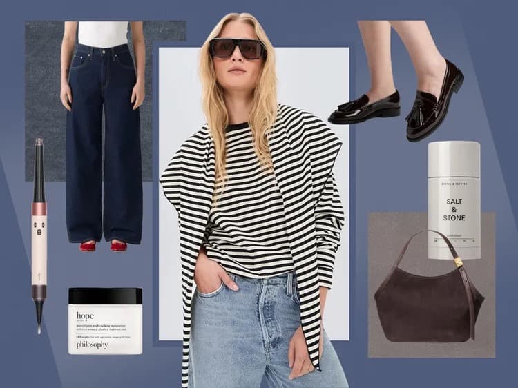 A styled flat-lay and model collage featuring wide-leg denim, a black and white striped top, black tasseled loafers, a brown shoulder bag, an eyeliner pencil, a deodorant stick, and a jar of face moisturizer