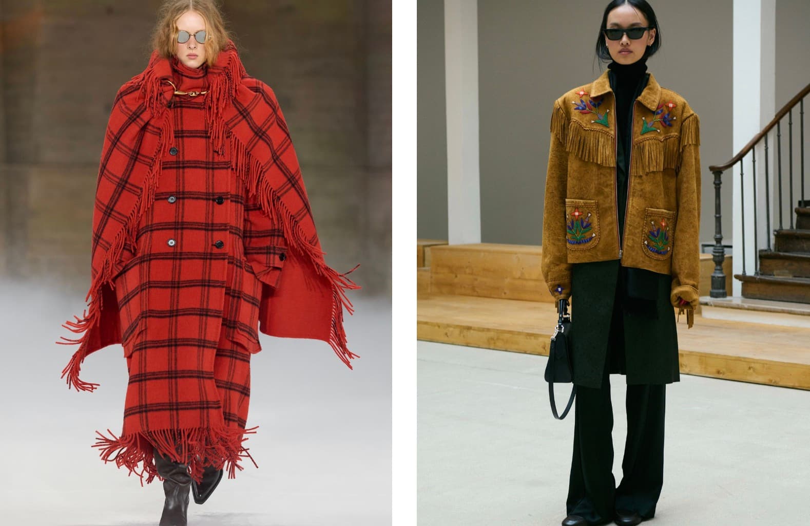 Split runway image: a model in a red plaid fringed scarf-coat on the left, and a model in a tan suede fringed jacket with floral embroidery on the right