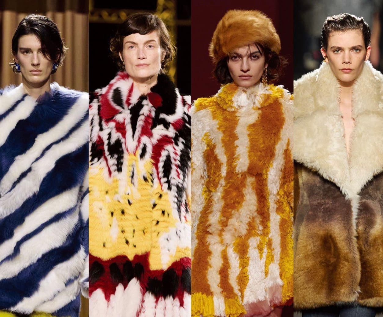 Four runway looks side by side featuring bold patterned fur coats in blue-and-white stripes, red-black-yellow, marigold, and cream-to-brown ombre
