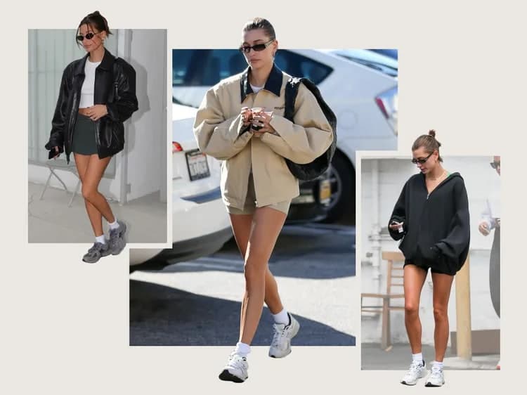 Collage of Hailey Bieber wearing casual street style outfits paired with New Balance sneakers in three separate photos