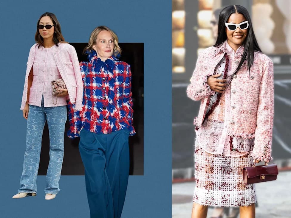 Three street-style looks pairing tweed jackets with printed denim, a plaid tweed jacket, and a matching pink tweed skirt set