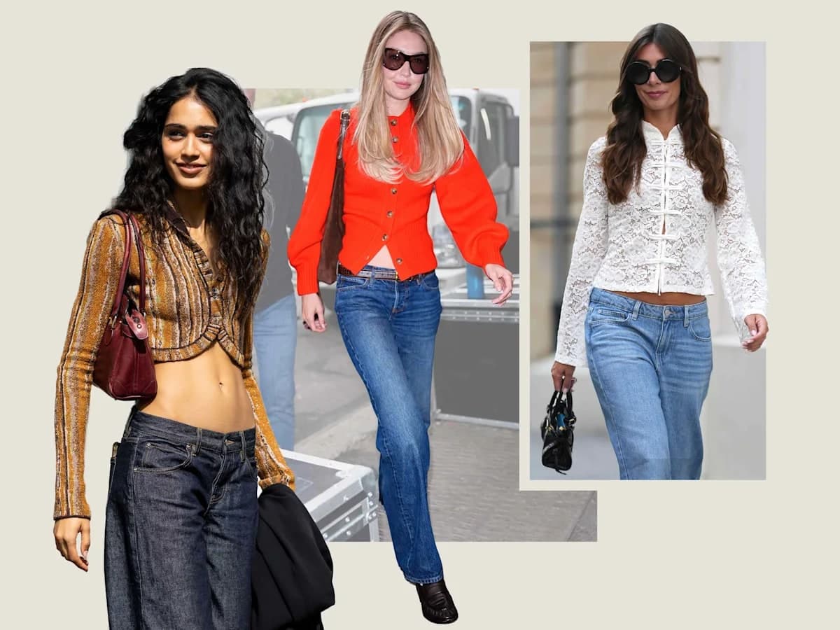 Three street-style outfits pairing low-rise jeans with a striped knit top, an orange cardigan, and a white lace blouse
