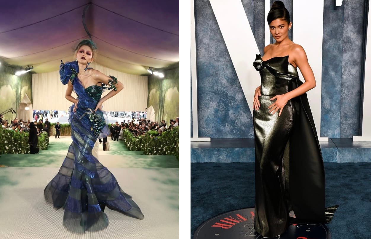 Split image of a dramatic blue mermaid-silhouette couture gown on a runway beside a celebrity in a metallic bronze strapless gown with a bow detail on a red carpet