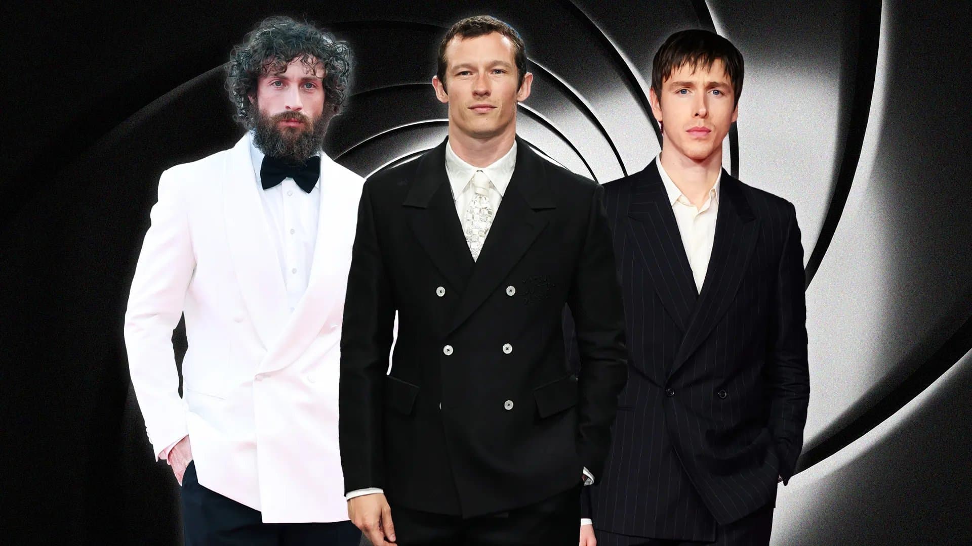 A composite of three men in formal tuxedo jackets standing in front of the James Bond gun-barrel graphic