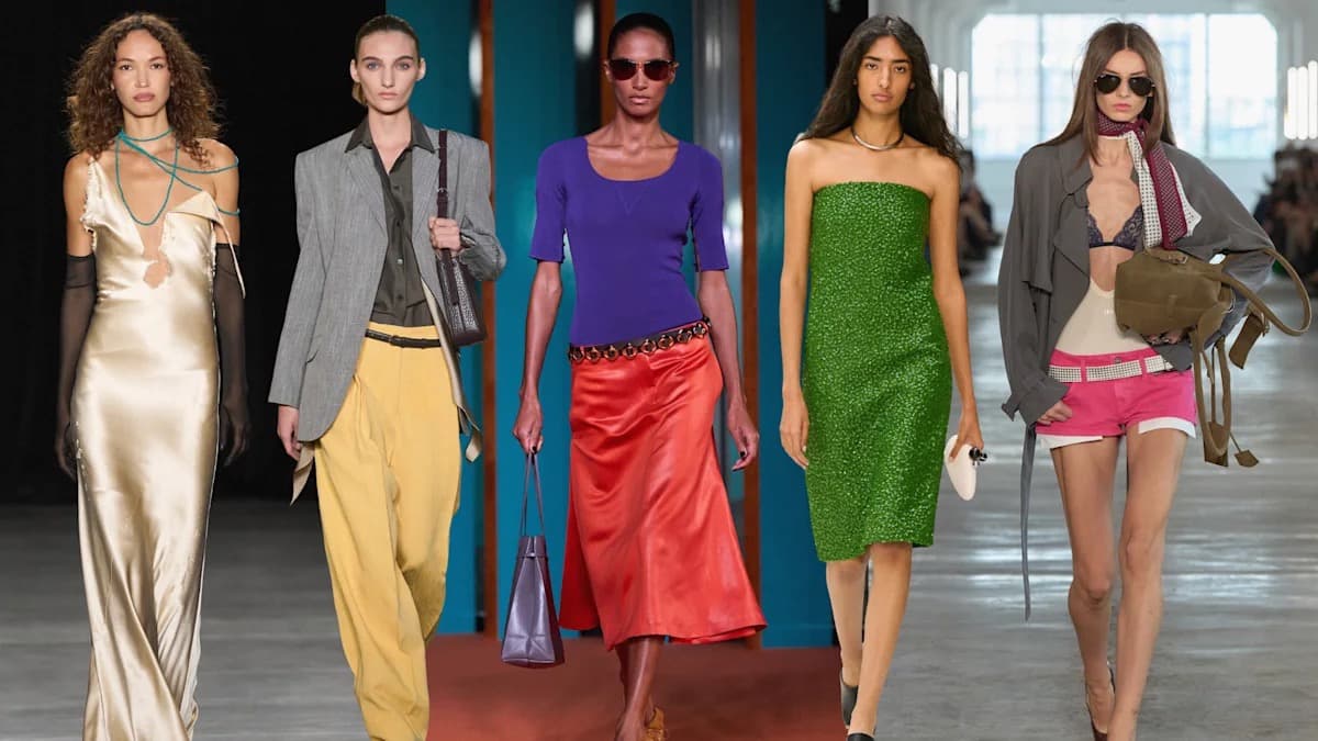 Five runway looks from New York Fashion Week Spring Summer 2027, including a metallic slip gown, a tailored blazer with wide trousers, a purple top with a red satin skirt, a green sequined dress, and a layered scarf-and-shorts look