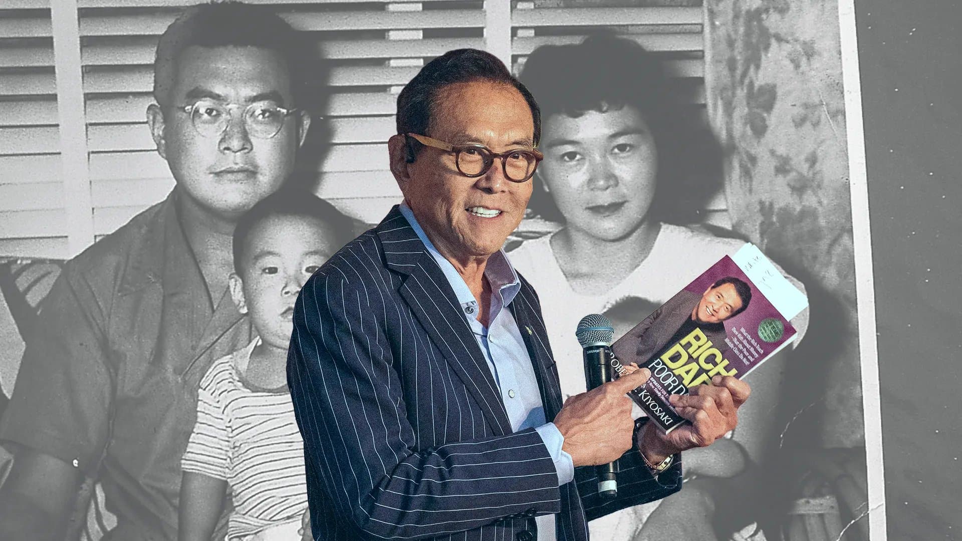 Robert Kiyosaki holding a copy of Rich Dad Poor Dad in front of an enlarged vintage photo of his parents and siblings