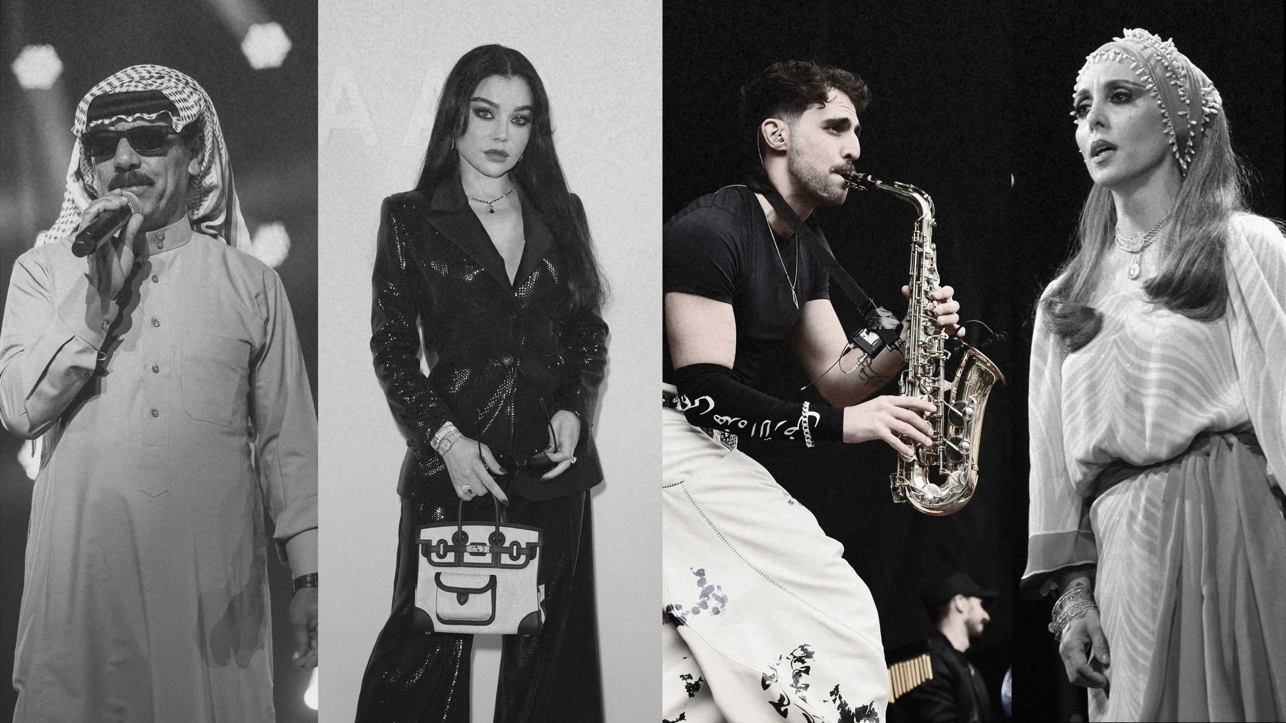 A collage-style portrait representing a stylish Arab musician against a dark background