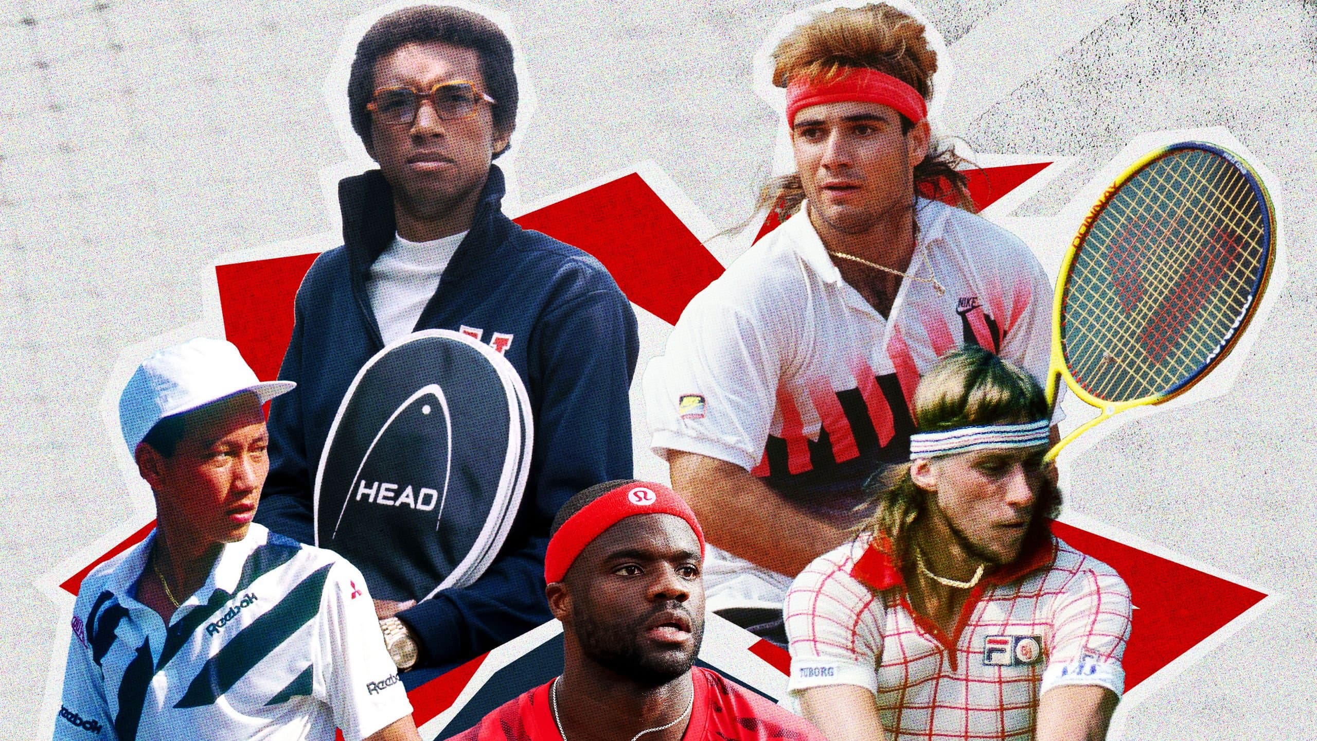 A collage of stylish men's tennis players across different eras
