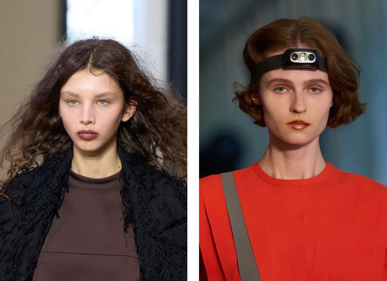 Split runway beauty close-up: a model with voluminous curly hair and a muted plum lip on the left, a model with a soft bob and warm gold eye makeup on the right