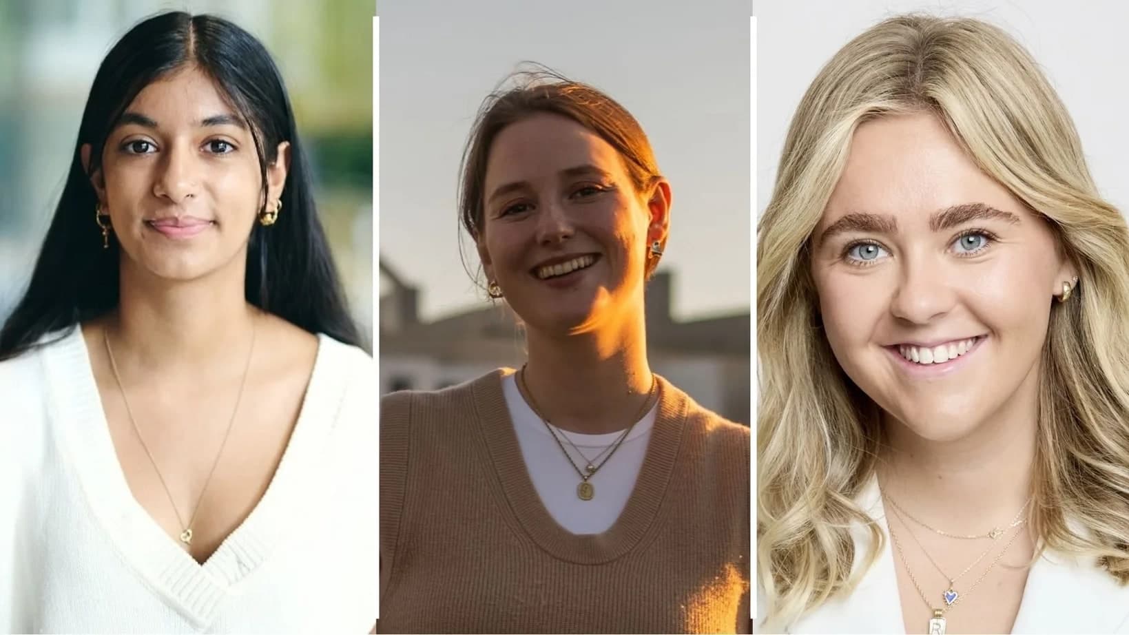 Three young Australian women pictured side by side in individual portraits: Anjali Sharma, Ruby Riethmuller, and Lucy Skelton