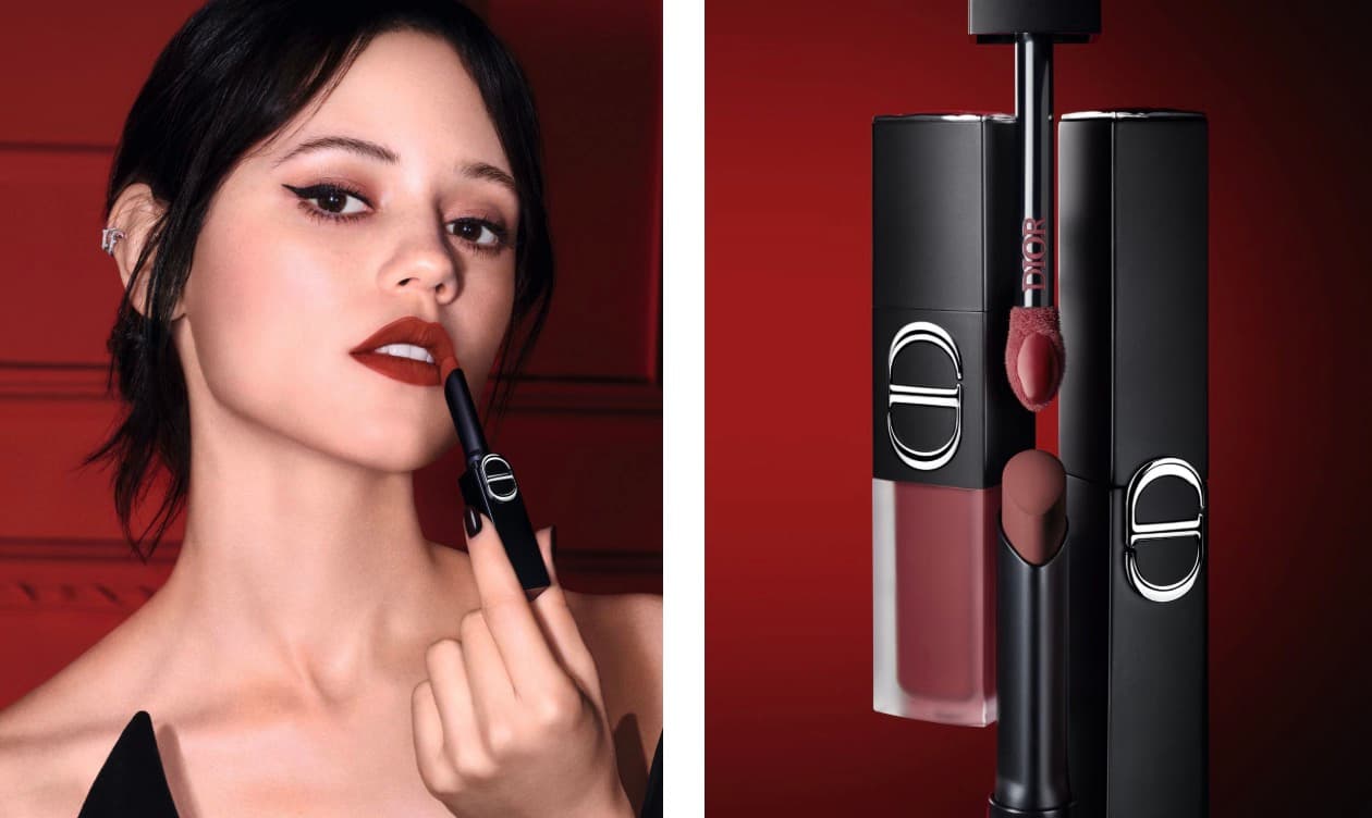 Split campaign image for the Rouge Dior On Stage Collection, a model applying lipstick beside a product shot of the lipstick and lip oil